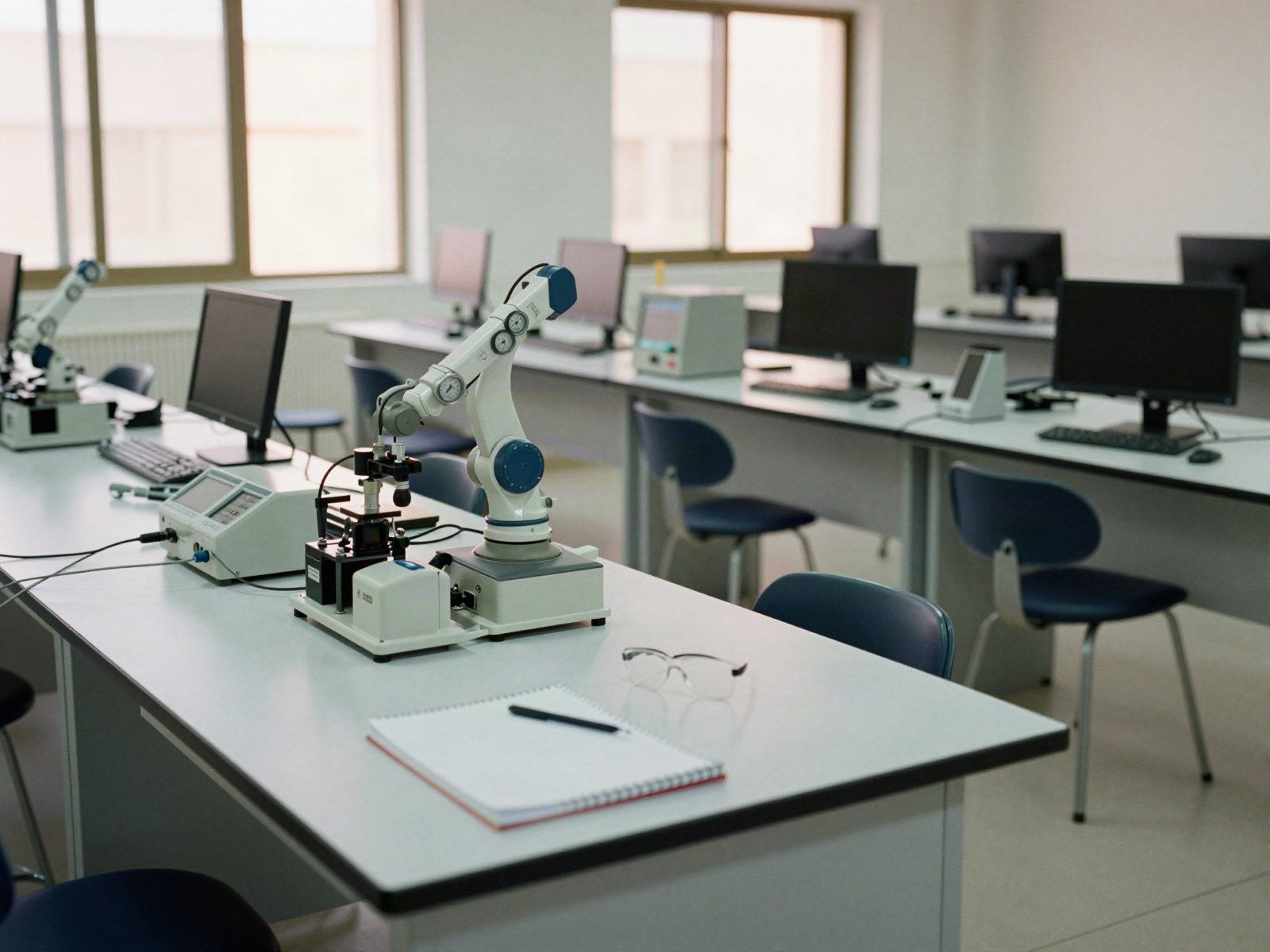 An engineering school laboratory between sessions, a notebook and safety glasses left on the bench.