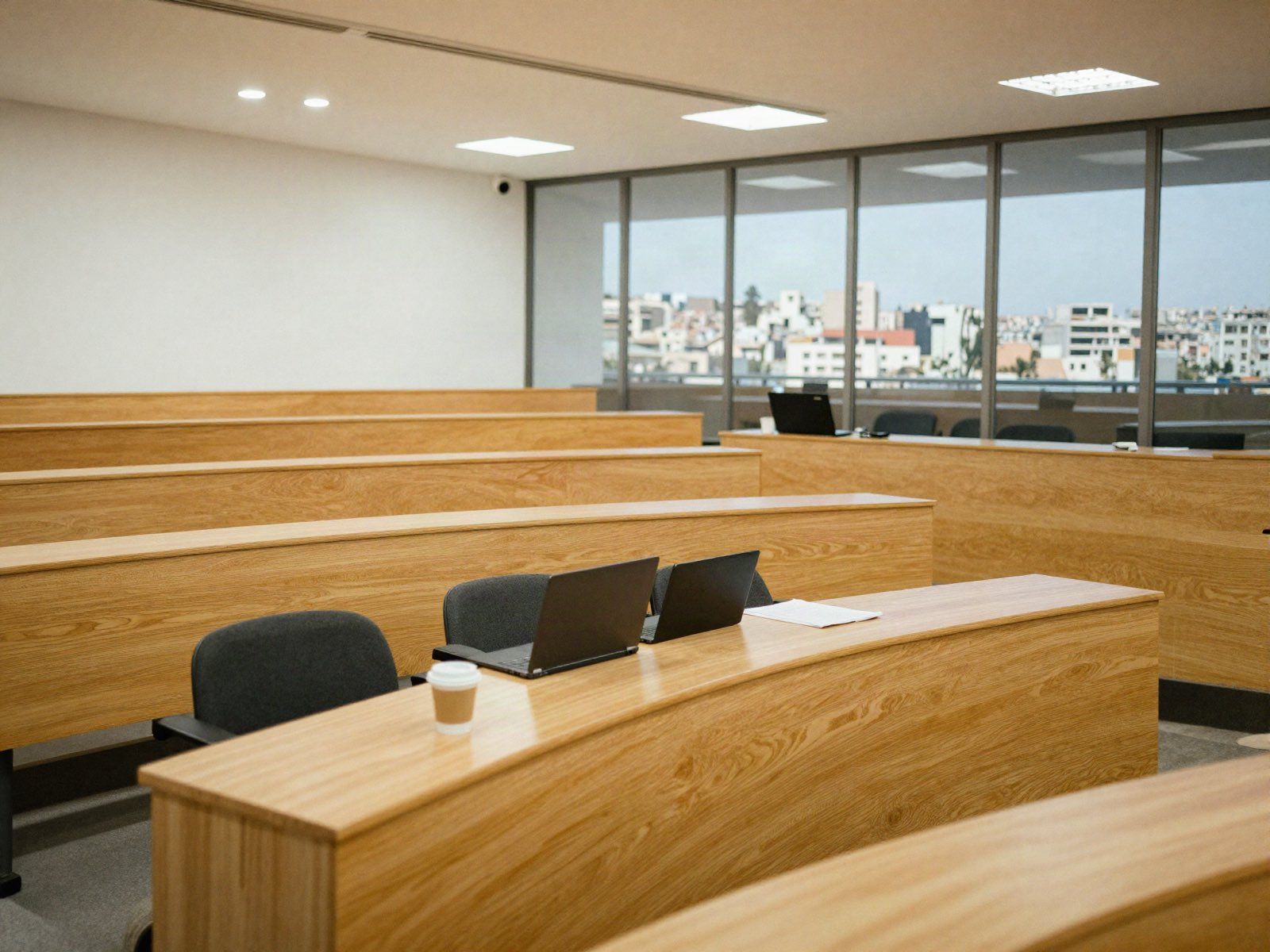 A tiered classroom, empty between sessions, the city beyond the glass.