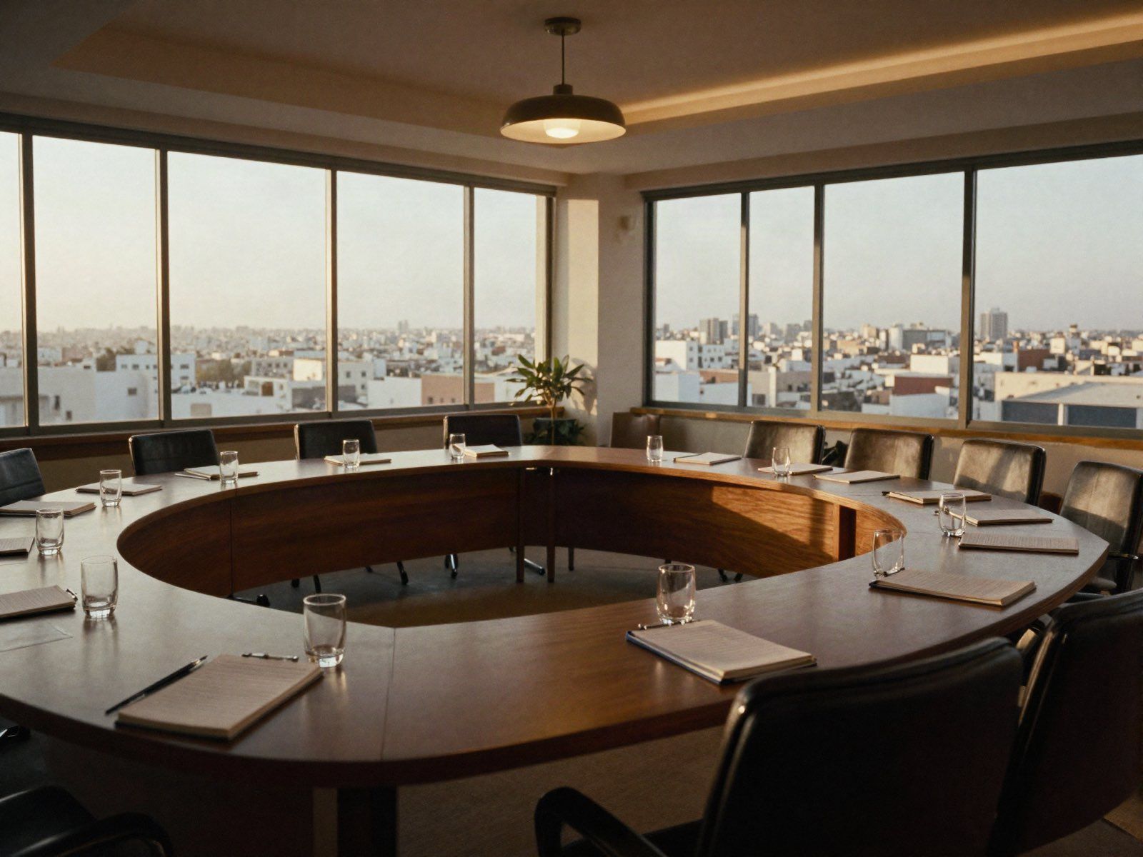 Une salle de séminaire en fin de journée, la table dressée avant l’arrivée d’une cohorte.
