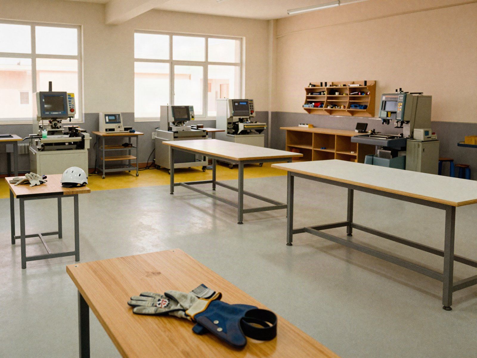 Un atelier de formation entre deux sessions, des gants et un casque posés sur un établi.