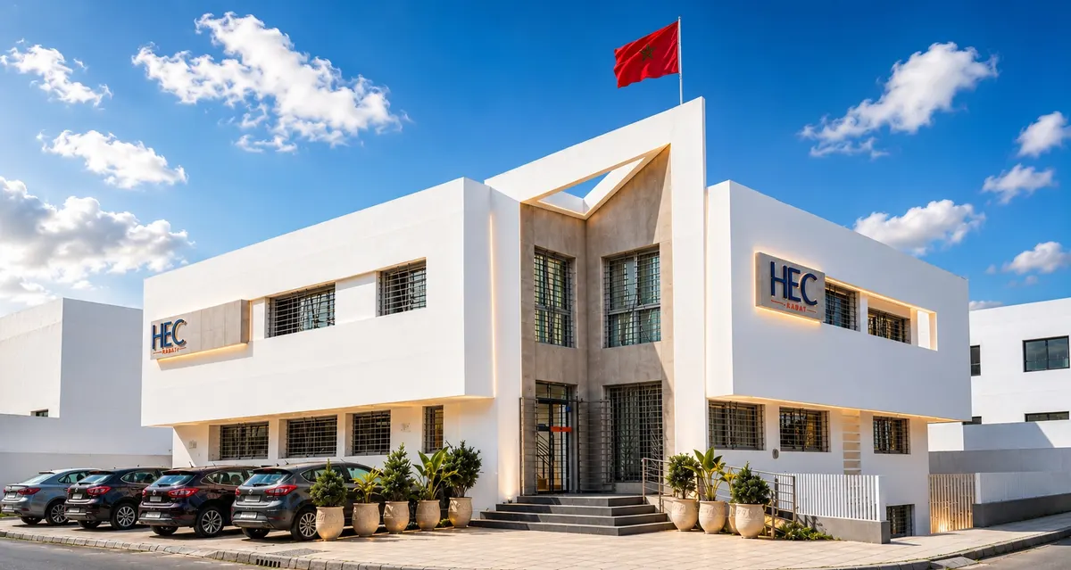 The HEC Rabat campus: white façade, HEC Rabat sign, Moroccan flag.