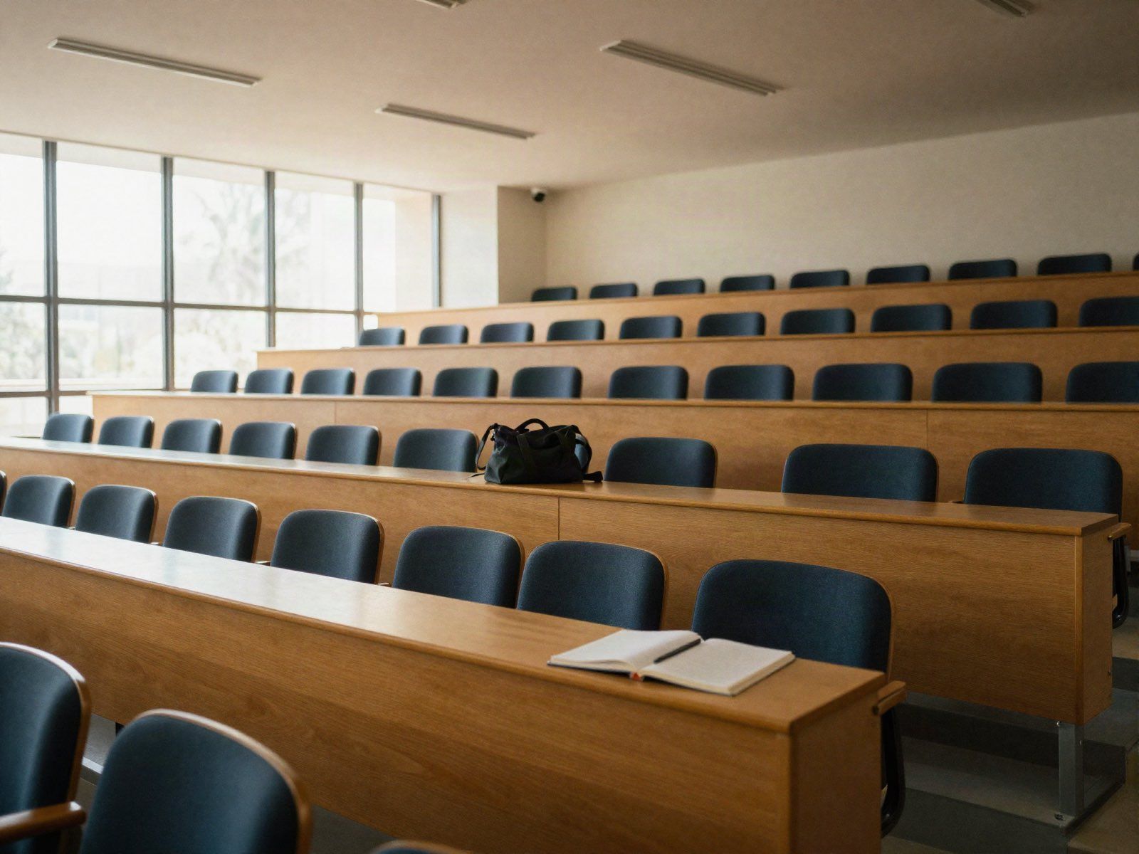 Un amphithéâtre vide entre deux cours, un sac et un cahier restés sur une table.